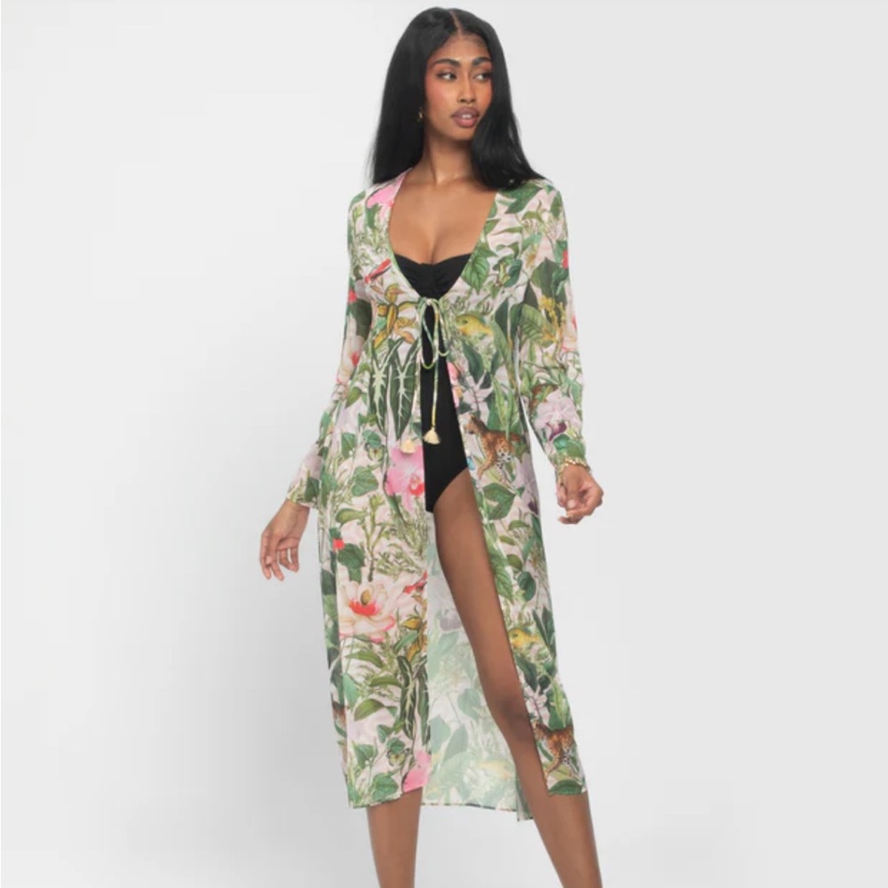 Floral Vines Long Tie-Front Swim Coverup